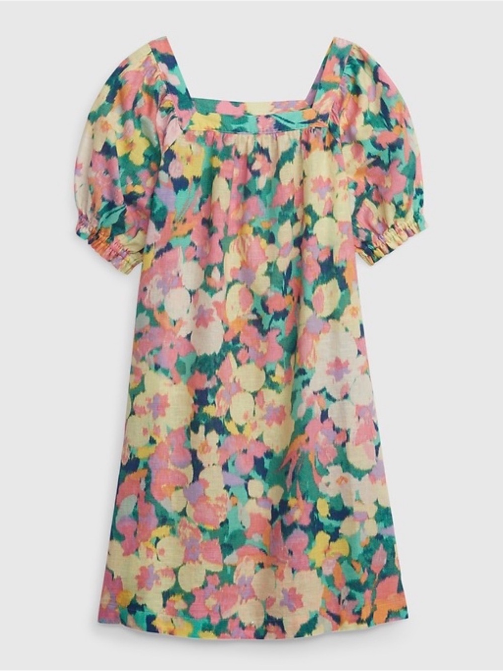 Gap Kids Floral Puff Sleeve Dress Size XL Pink Yellow Linen Cotton Lightweight